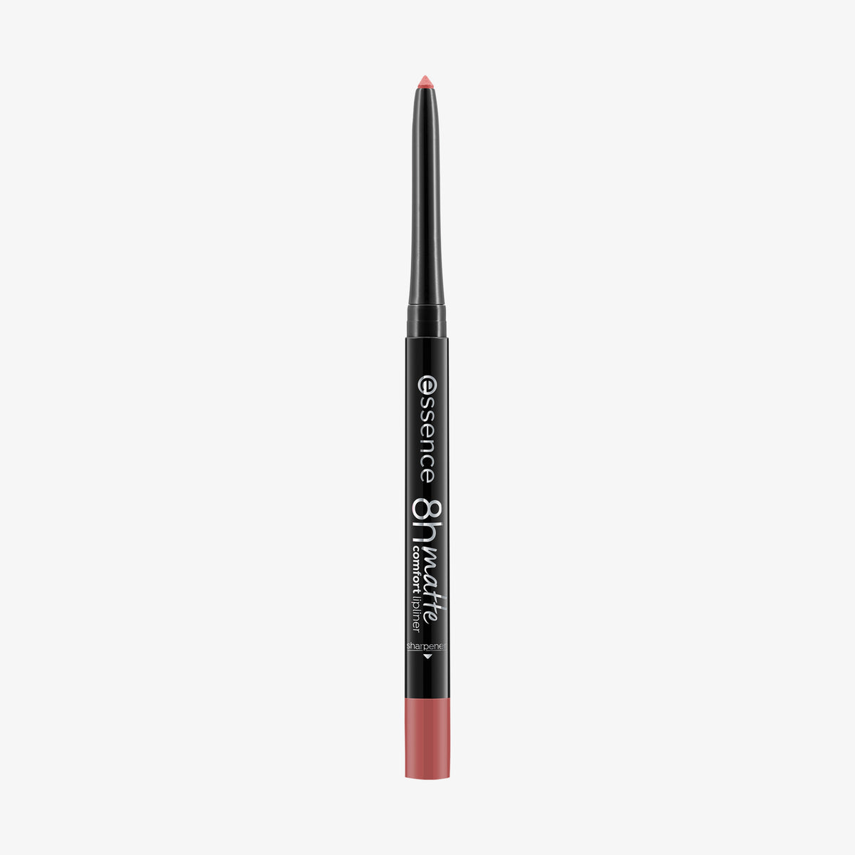 Aufrecht steht ein Essence 8h matte comfort lipliner in Schwarz mit lila Spitze und passender Kappe.