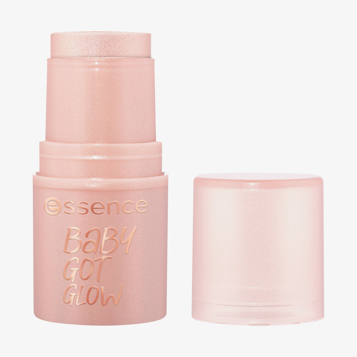 Ein rosafarbener Essence BABY GOT GLOW Highlighter-Stift, dessen Kappe entfernt und daneben gelegt wurde.