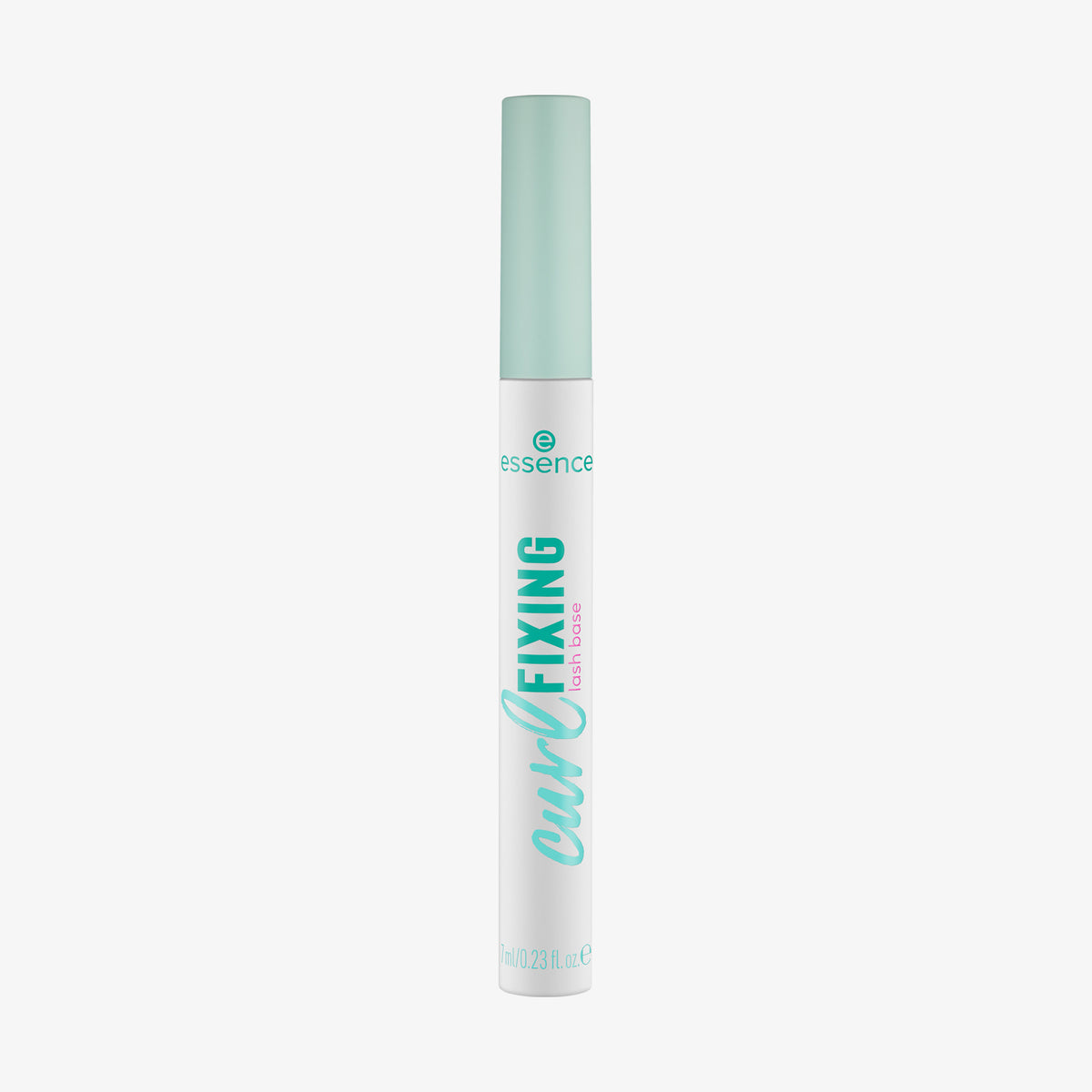 Eine weiße und mintgrüne Tube von Essence curl FIXING lash base ist auf einem schlichten weißen Hintergrund abgebildet.