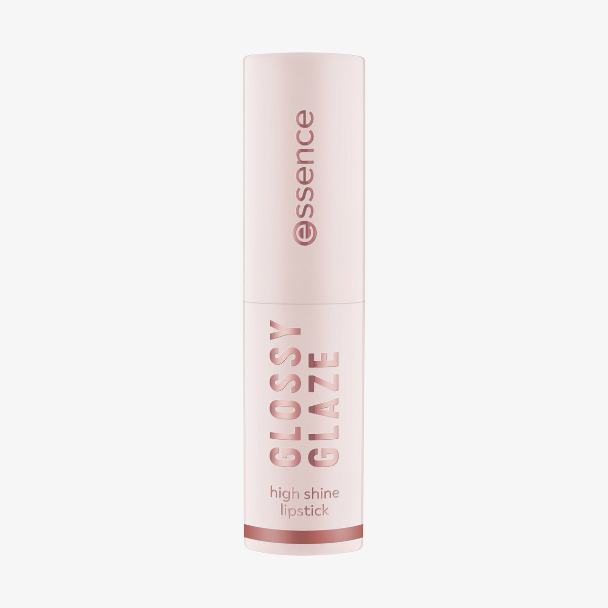 Eine rosafarbene Tube des Essence GLOSSY GLAZE High Shine Lipstick 05 steht aufrecht auf einem weißen Hintergrund.