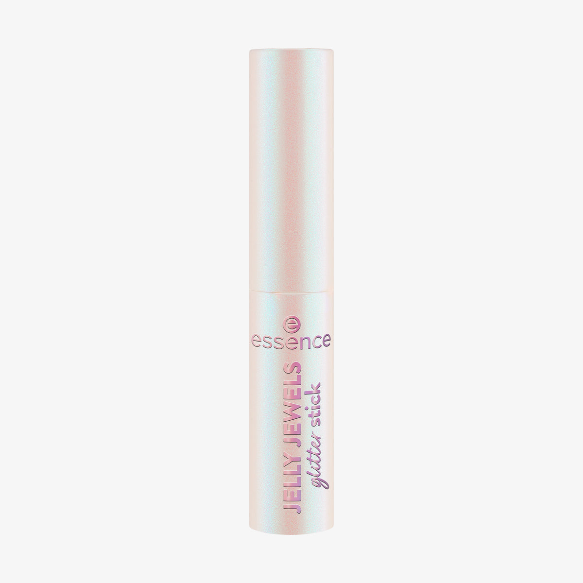 Der Essence JELLY JEWELS Glitter Stick in einer irisierenden Tube steht aufrecht vor einem weißen Hintergrund.