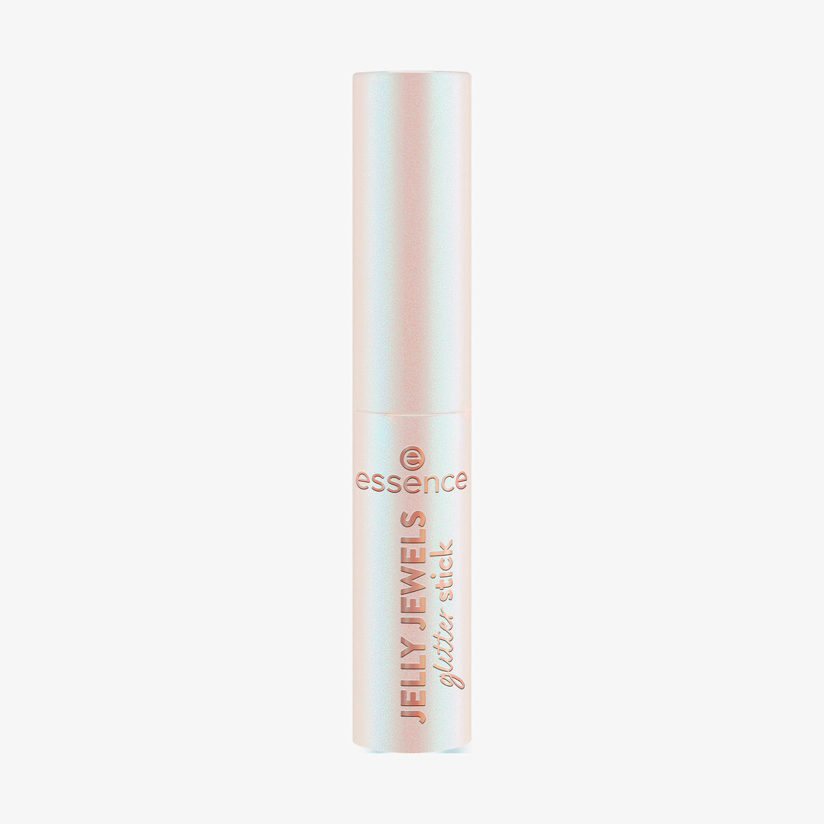 Ein Essence JELLY JEWELS Glitter Stick steht aufrecht auf einem weißen Hintergrund und präsentiert seine schimmernde Tube.