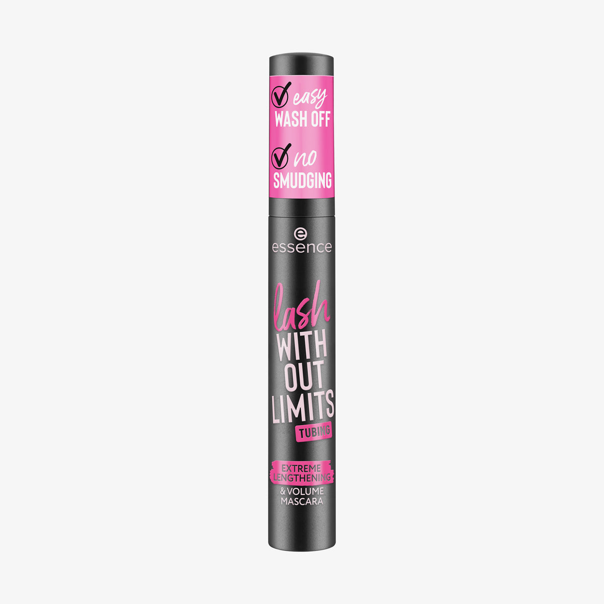 Eine Tube der Essence lash WITHOUT LIMITS TUBING Extreme Lengthening & Volume Mascara 04, die sich leicht abwaschen lässt und nicht verschmiert.