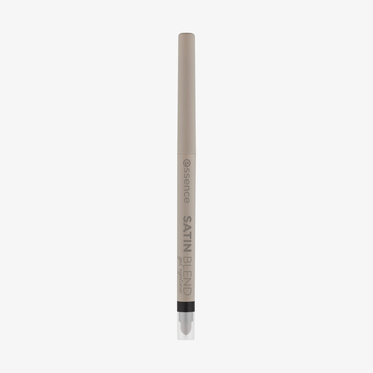 Ein beigefarbener Essence SATIN BLEND Gel Eyeliner in schwarz mit klarer Kappe ist vor einem weißen Hintergrund abgebildet.