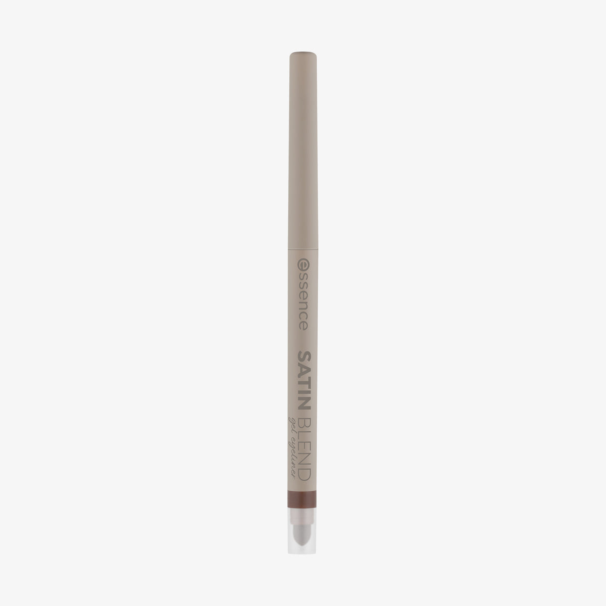 Ein beiger Essence SATIN BLEND Gel-Eyeliner mit brauner Spitze, aufrecht stehend auf weißem Hintergrund abgebildet.
