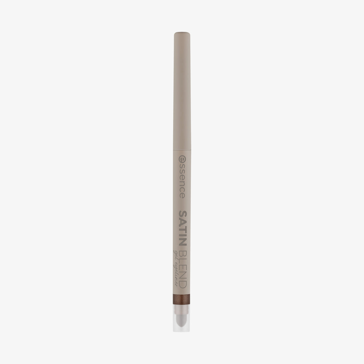 Ein beiger Essence SATIN BLEND Gel-Eyeliner mit einer braunen Spitze und einer klaren Kappe am unteren Ende.