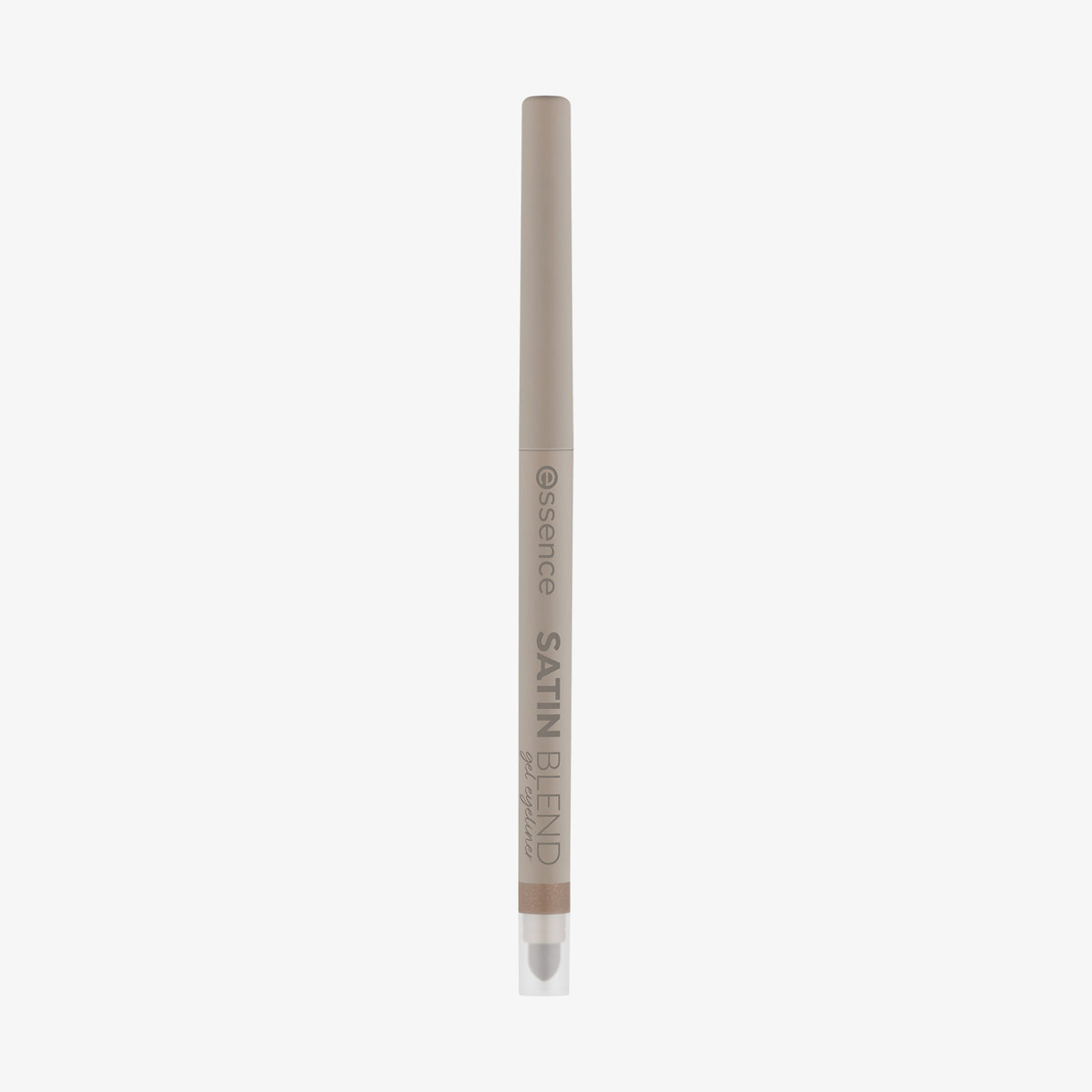 Ein taupefarbener Essence SATIN BLEND Gel-Eyeliner mit einer durchsichtigen Kappe an einem Ende, die vor einem weißen Hintergrund steht.