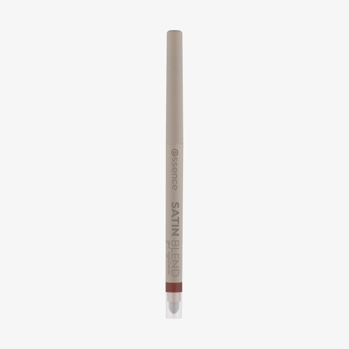 Beiger Eyeliner-Stift von essence mit burgunderfarbener Spitze, unten mit Schwämmchenapplikator, steht aufrecht vor weißem Hintergrund.