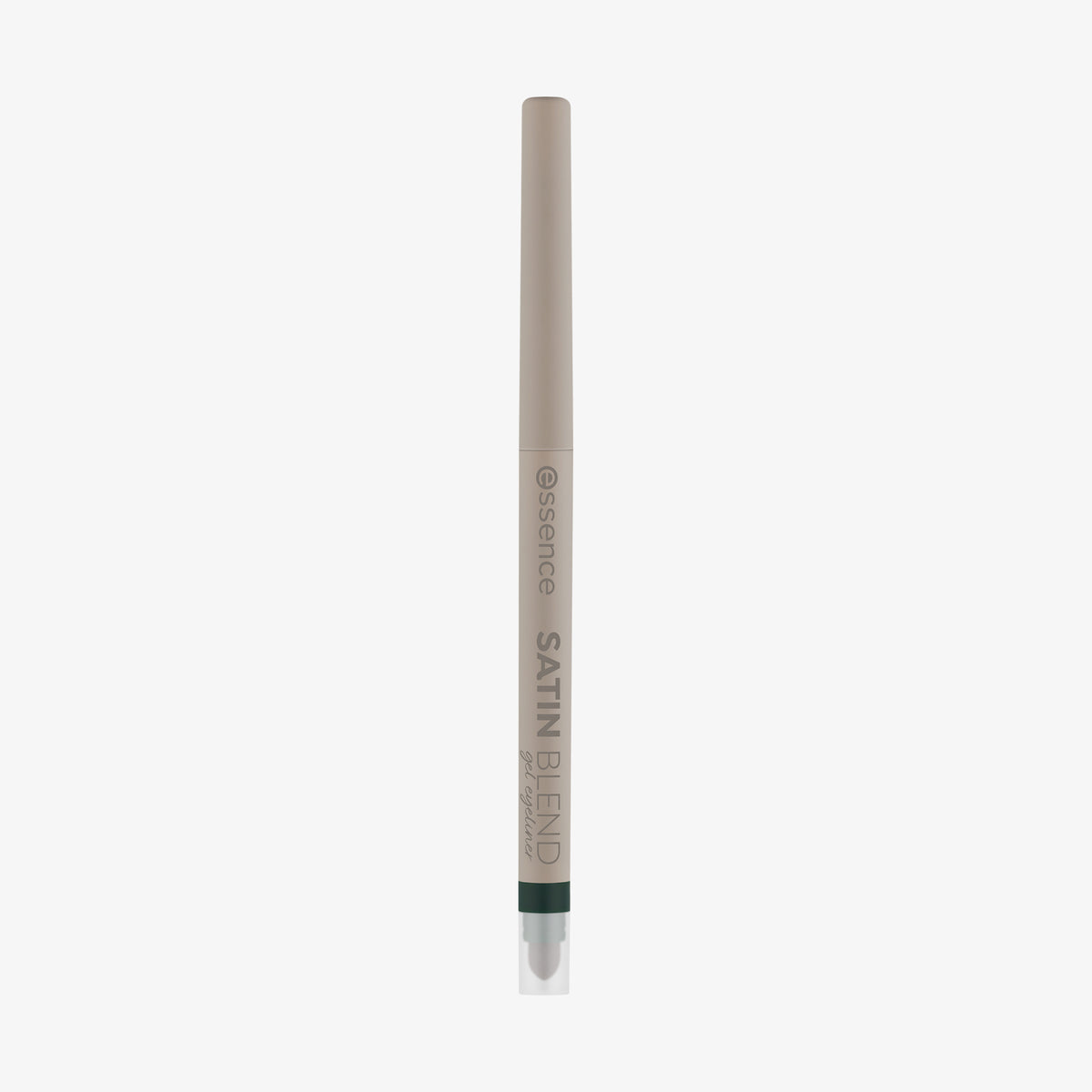 Beiger Eyeliner-Stift von essence mit olivfarbener Spitze, unten mit Schwämmchenapplikator, steht aufrecht vor weißem Hintergrund.