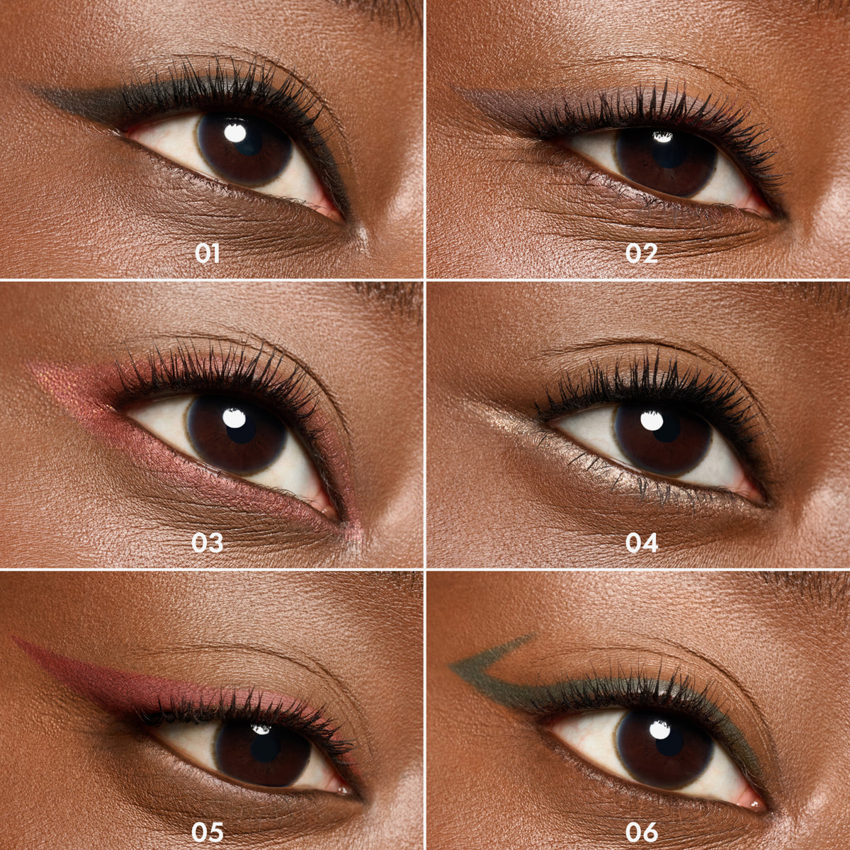Sechs Nahaufnahmen von Augen mit verschiedenen Eyeliner-Looks in Schwarz, Braun, Gold, Burgunder und Olivgrün, die unterschiedliche Styles zeigen.