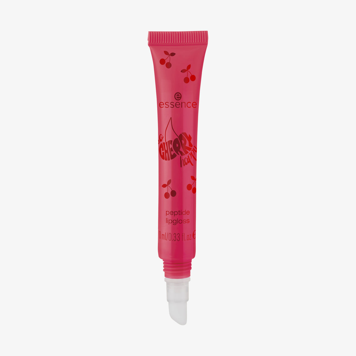 Geöffnete rosa Tube SO CHERRY Happy Peptide Lipgloss von Essence mit weißem Applikator und Kirschgrafiken auf der Verpackung.