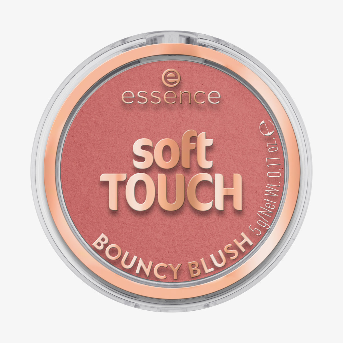 Ein runder 5g-Behälter von Essence soft TOUCH BOUNCY BLUSH in Pink mit einem klaren Plastikdeckel.