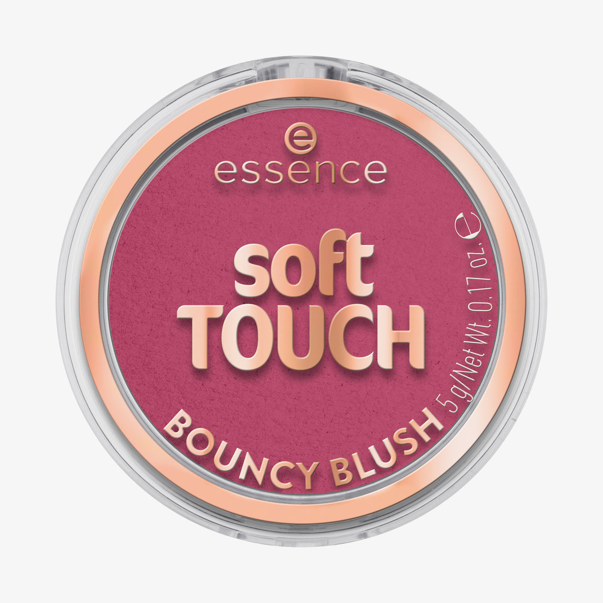 Essence soft TOUCH BOUNCY BLUSH in einem rosa Farbton, in einem runden Behälter mit weißer und goldener Schrift auf dem Deckel.