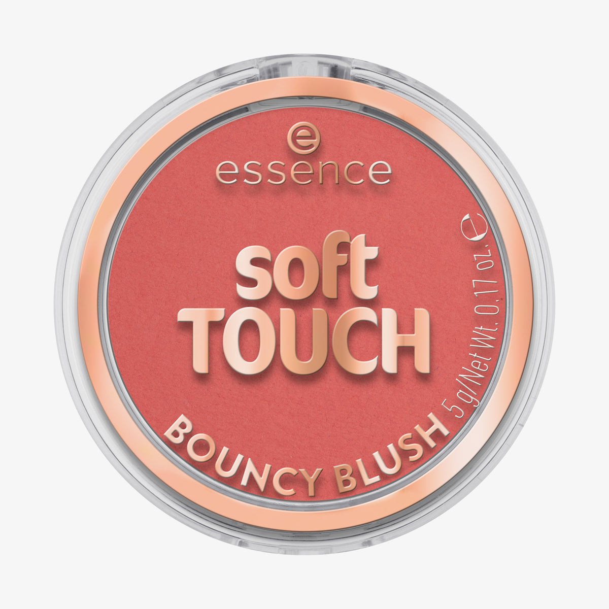 Essence soft TOUCH BOUNCY BLUSH in einem pfirsichfarbenen Ton wird in einem runden Behälter mit klarem Deckel geliefert.