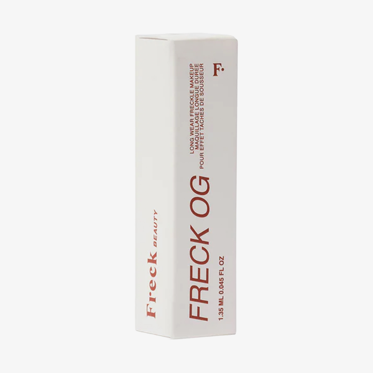 Eine weiße rechteckige Freck Beauty Box mit der Aufschrift Freck OG und rotem Text steht aufrecht auf weißem Hintergrund.