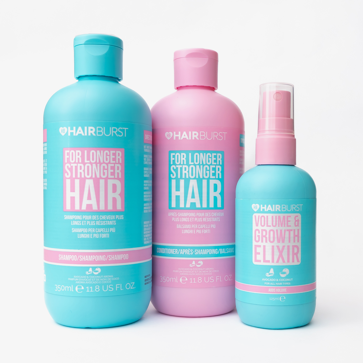 Hairburst Shampoo, Conditioner und Volume & Growth Elixir vor weißem Hintergrund