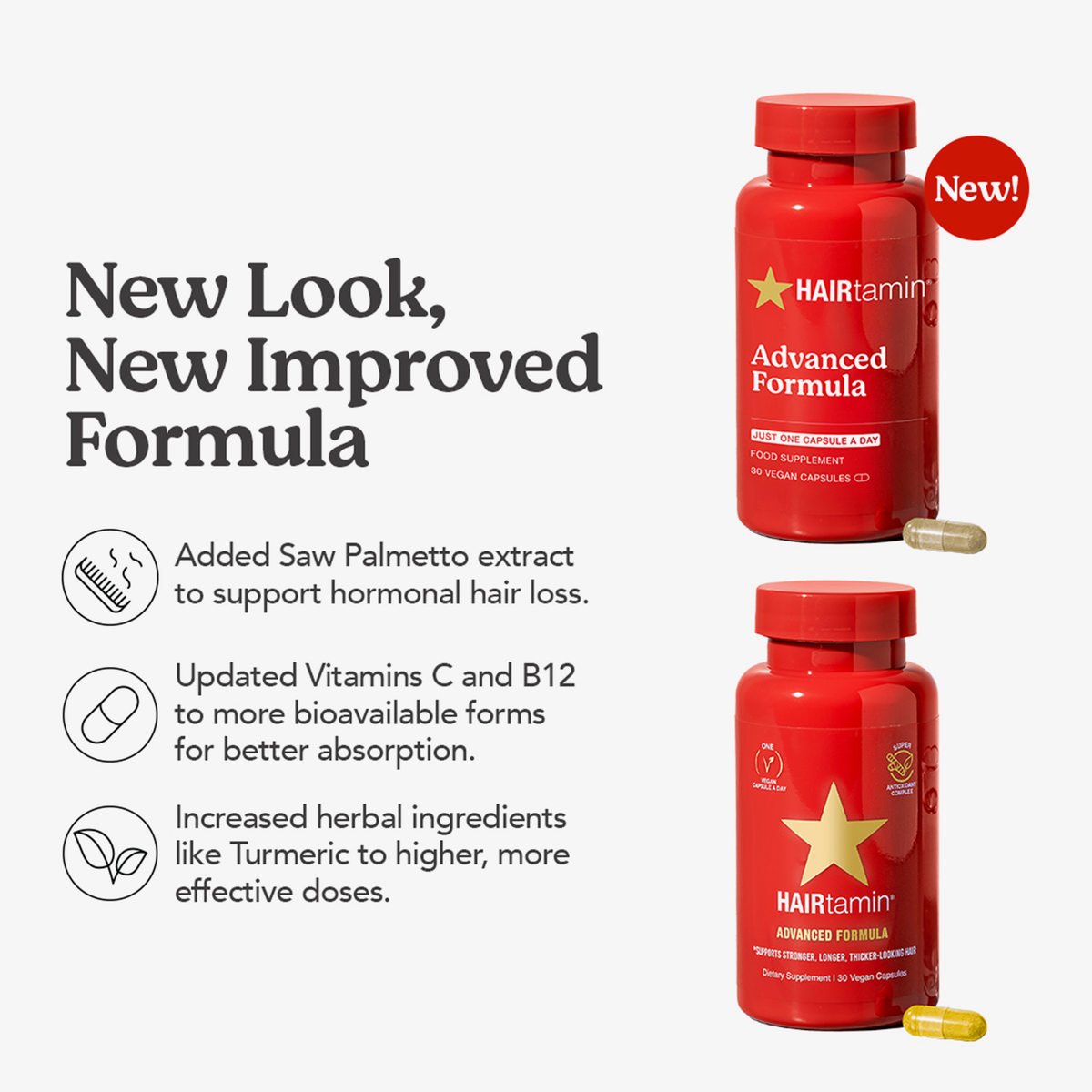 Zwei rote „HAIRtamin Advanced Formula“-Flaschen für einen Monat mit Kapseln, daneben ein Text, der die Verbesserungen der neuen Formel und die hinzugefügten Inhaltsstoffe hervorhebt.