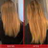 Das Haar einer Frau von hinten, vor und nach der Anwendung von PURISH Kevin Testproduct für glattere, gesündere Spitzen.