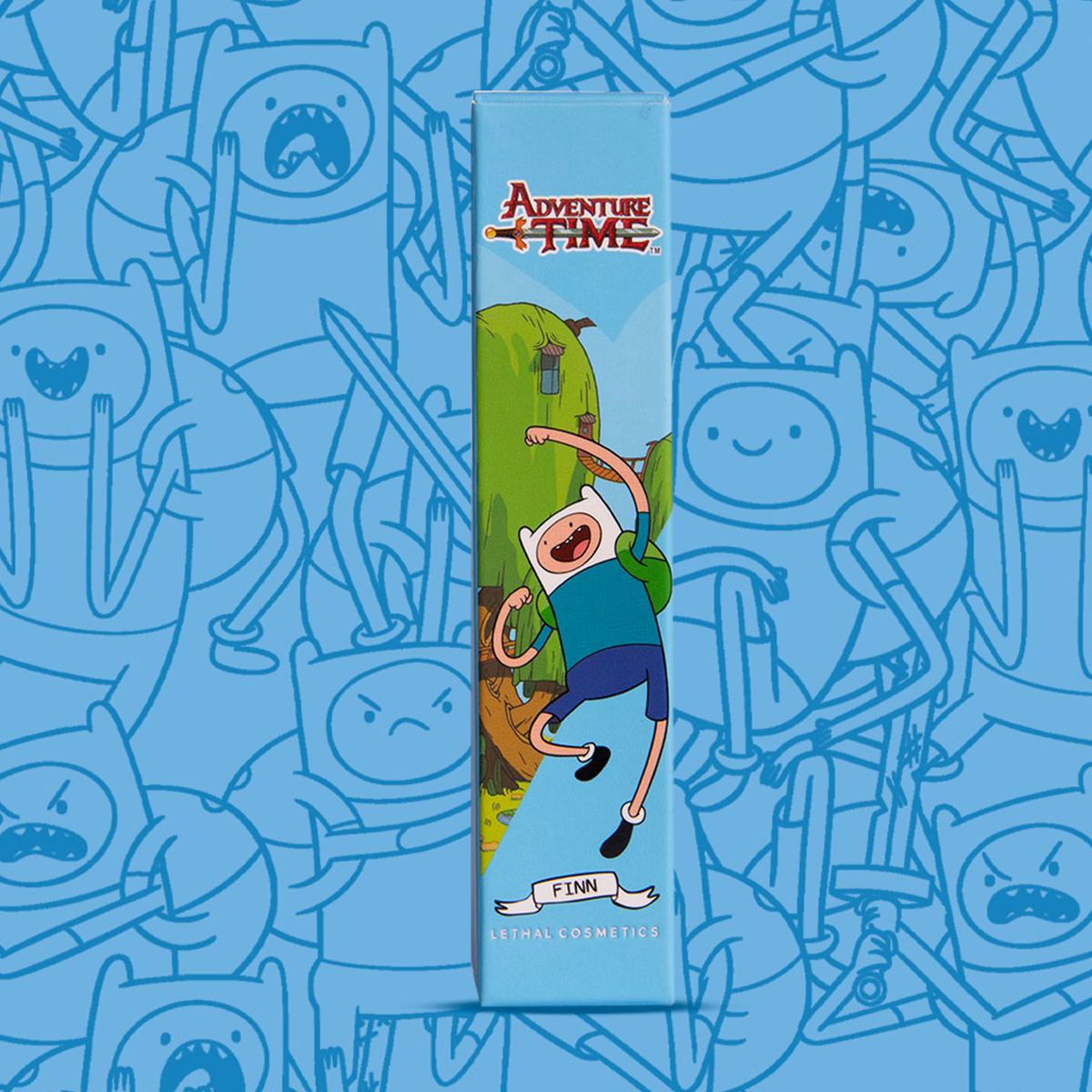 Blaue Verpackung des Adventure Time Lip Gloss Finn The Human mit Abbildungen des Charakters.