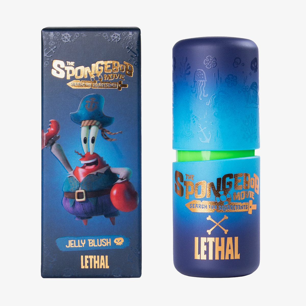 Auf der Schachtel des SpongeBob Movie Jelly Blush Stick von Lethal Cosmetics ist Mr. Krabs abgebildet und daneben der blaue Stift.