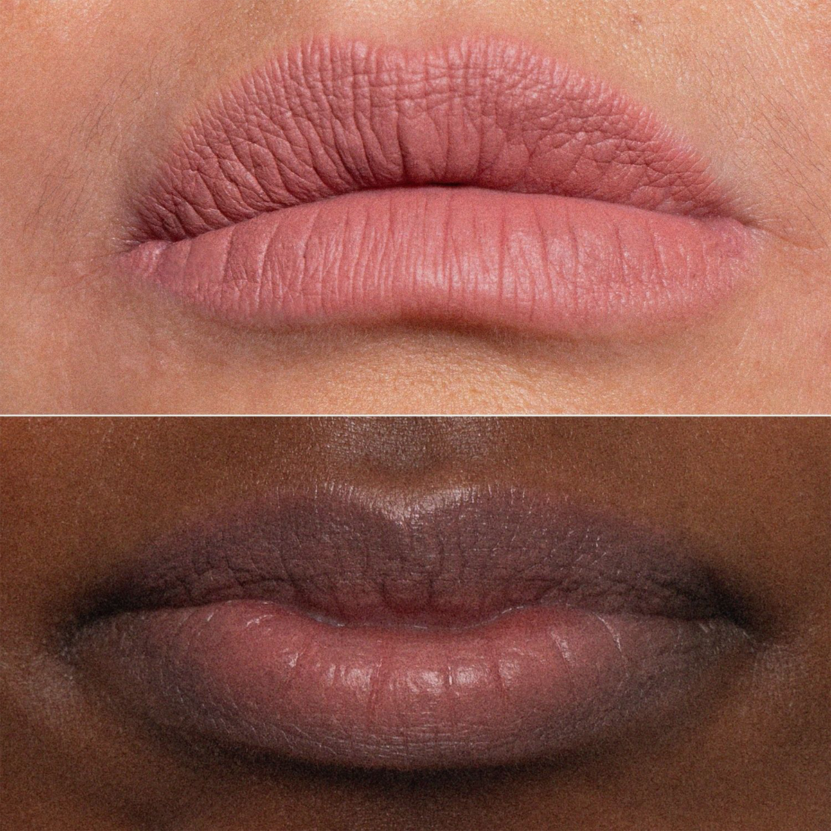 Nahaufnahme von zwei Lippenpaaren mit unterschiedlichen Hauttönen, die den LH Cosmetics Biggie matte nude lipstick tragen.
