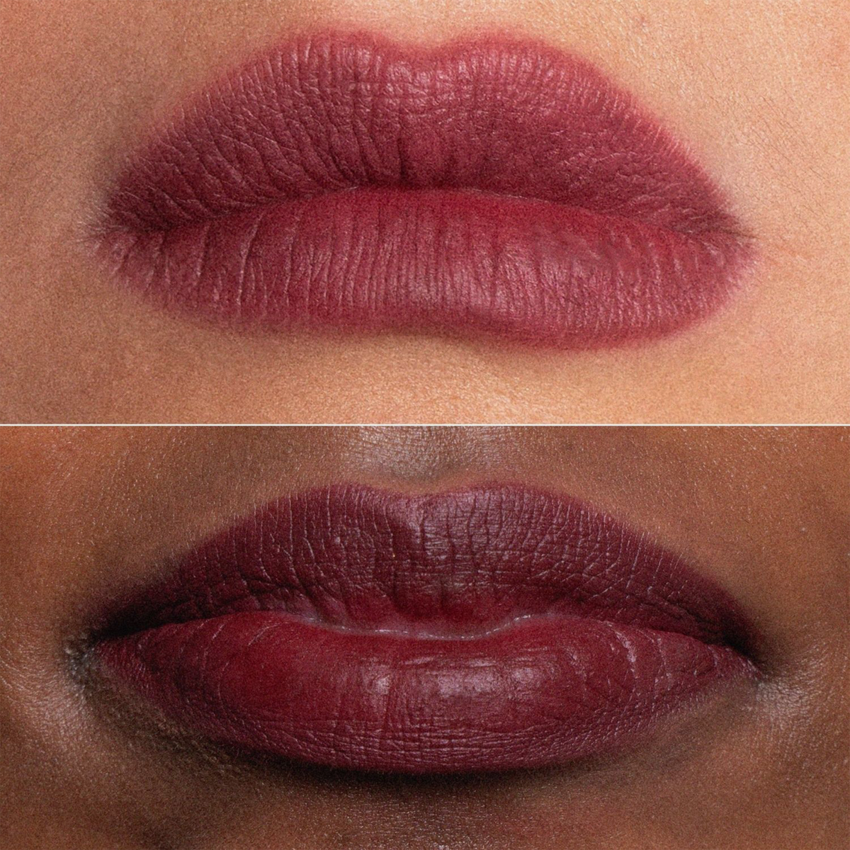 Nahaufnahme von zwei Lippenpaaren, die den Lippenstift Biggie von LH Cosmetics in einem dunklen Beerenton tragen, dargestellt auf verschiedenen Hauttönen.
