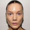 Geteilte Ansicht des Gesichts einer Frau: Links (glänzend) ohne und Rechts (matter) mit dem LH Cosmetics Infinity Filter Blurry.