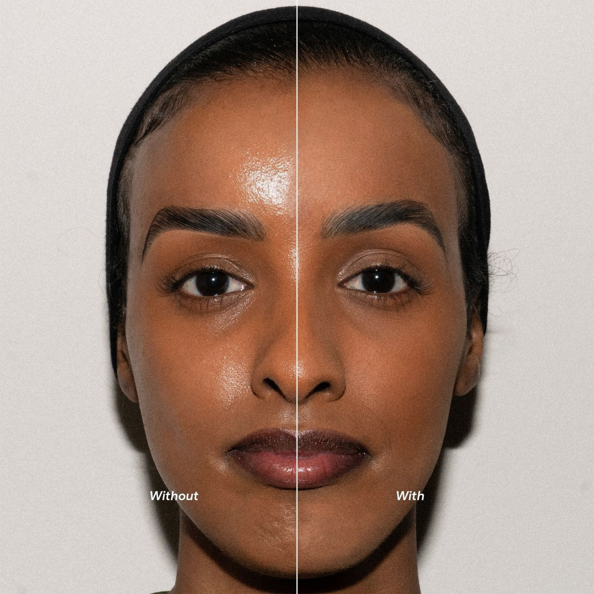 Geteilte Ansicht des Gesichts einer Frau: Links (glänzend) ohne und Rechts (matter) mit dem LH Cosmetics Infinity Filter Fade.