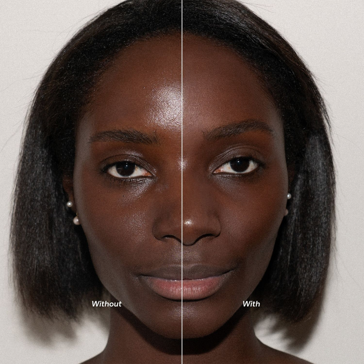 Geteilte Ansicht des Gesichts einer Frau: Links (glänzend) ohne und Rechts (matter) mit dem LH Cosmetics Infinity Filter Reflect.