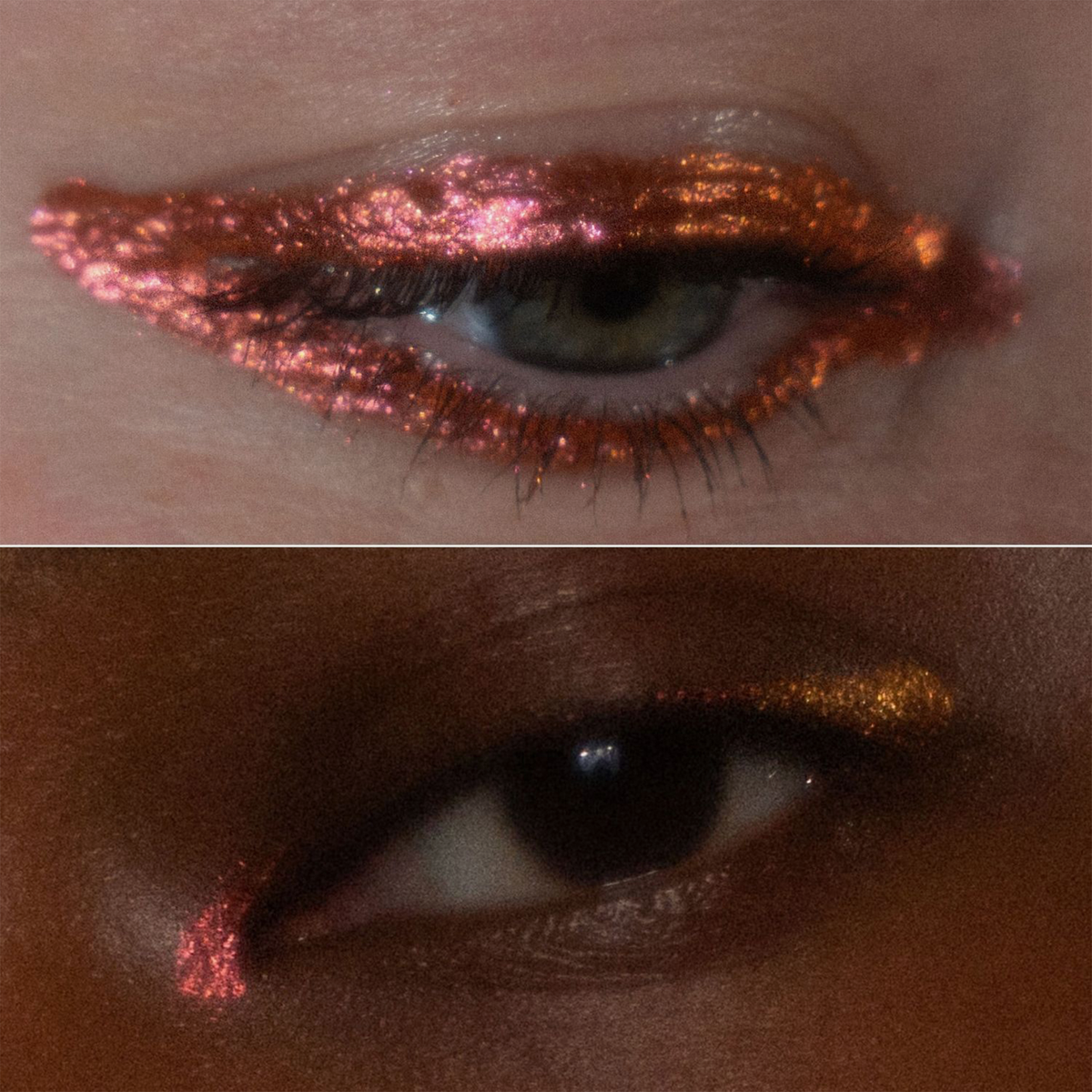 Zwei Nahaufnahmen von Augen, die mit dem metallisch-glitzernden kupferfarbenen Eyeliner Sparkl geschminkt sind.