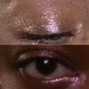 Nahaufnahme eines Augenlids und der Augenpartie mit Sparkl-Make-up in glitzerndem, schillerndem Lila und Gold.