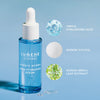 Eine blaue Flasche Lumene Nordic Hydra [LÄHDE] Aqua Hydration Serum mit Tropfer, Abbildungen der Inhaltsstoffe und Text, der die wichtigsten Feuchtigkeitskomponenten darstellt.