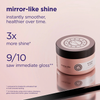 Ein rosa-schwarzes Töpfchen der „Maria Nila Mirror Gloss Mask“ ist abgebildet, begleitet von einem Text, der die Vorteile des Produkts in Bezug auf Glanz und Geschmeidigkeit hervorhebt.