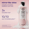 „Mirror Gloss Shampoo“ von Maria Nila: rosa Flasche mit Schaum, sorgt für glattes, glänzendes Haar; die Vorteile werden vor einem rosa Hintergrund dargestellt.