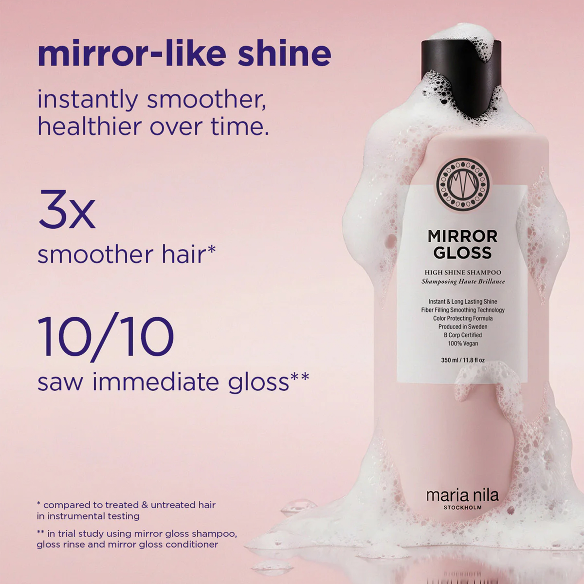 „Mirror Gloss Shampoo“ von Maria Nila: rosa Flasche mit Schaum, sorgt für glattes, glänzendes Haar; die Vorteile werden vor einem rosa Hintergrund dargestellt.