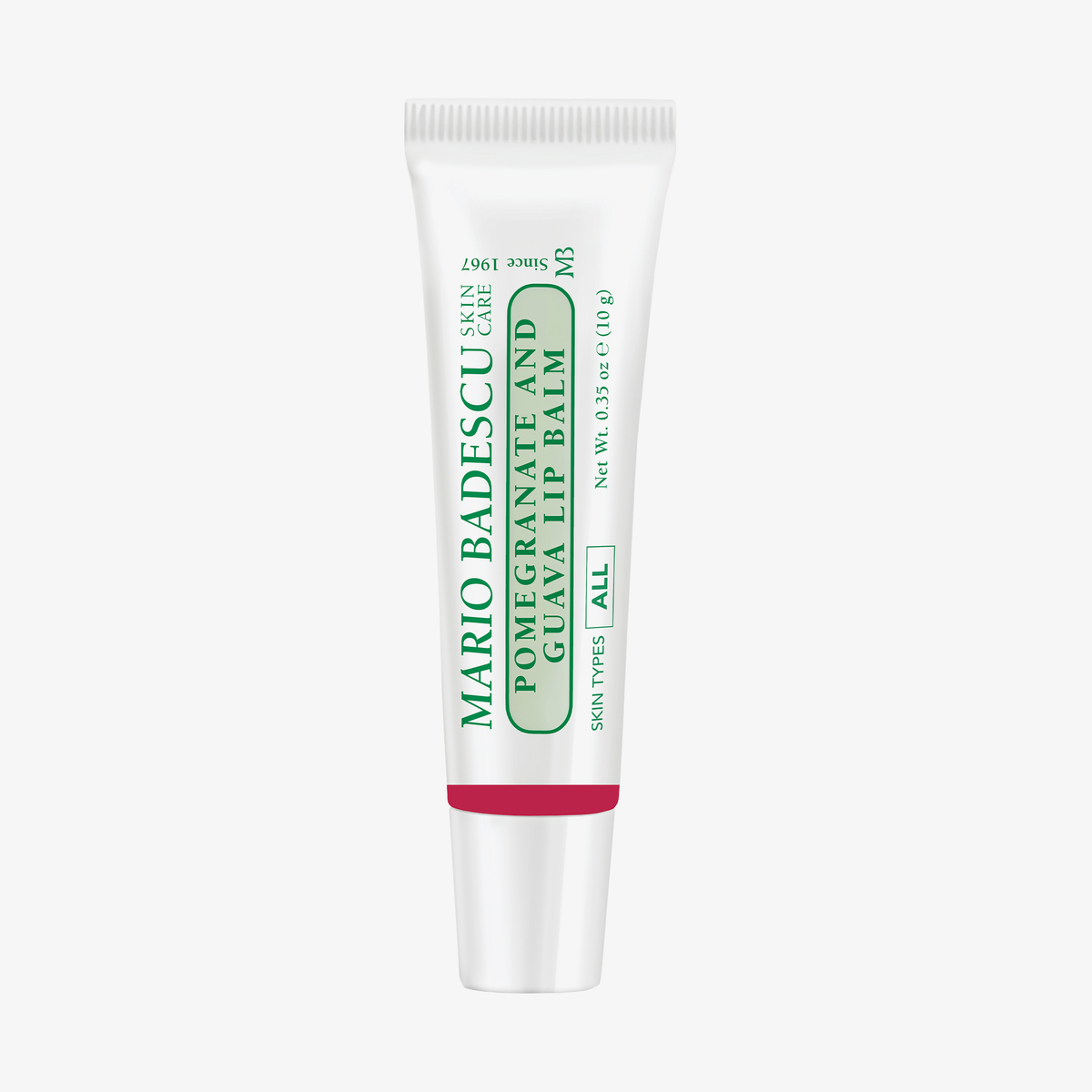 Eine weiße Tube Mario Badescu Lippenbalsam Wassermelone und Basilikum mit grünem und rotem Text.