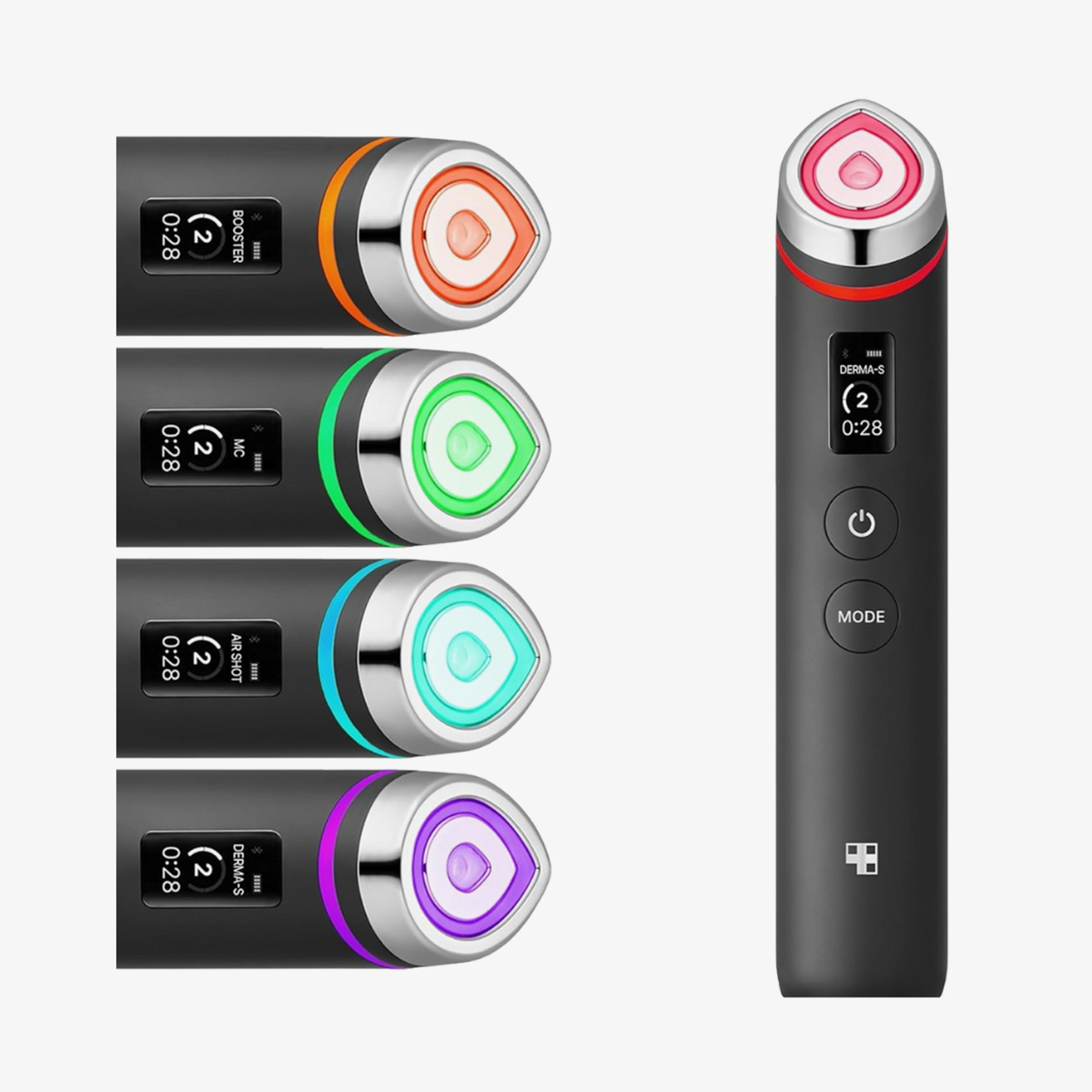 „medicube AGE-R Booster Pro EX“ mit 5 Abbildungen der verschiedenen LED-Einstellungen sowie Frontalansicht des Geräts