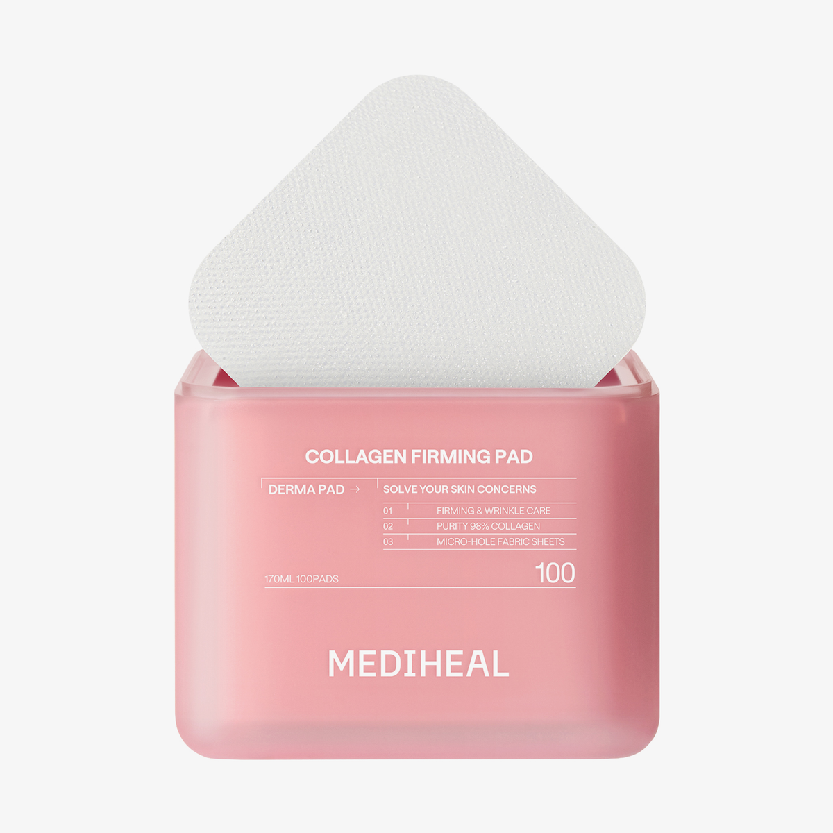 Ein rosa Behälter für die „Mediheal Collagen Firming Pads“ mit offenem Deckel gibt den Blick auf ein weißes, strukturiertes Pad im Inneren frei.