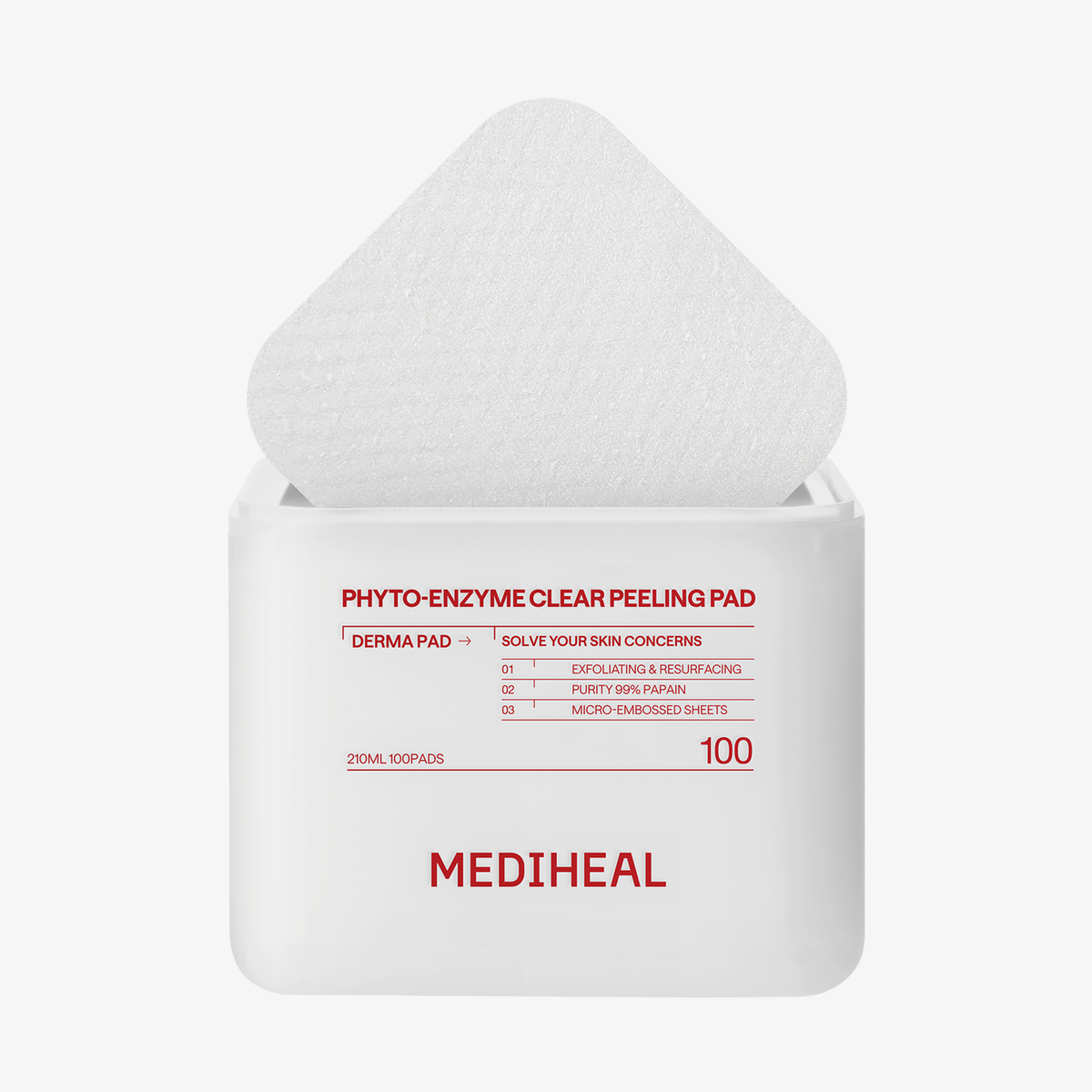 Mediheal Phyto-Enzyme Clear Peeling Pad in einem weißen Behälter, aus dem ein strukturiertes Pad teilweise herausgezogen ist.