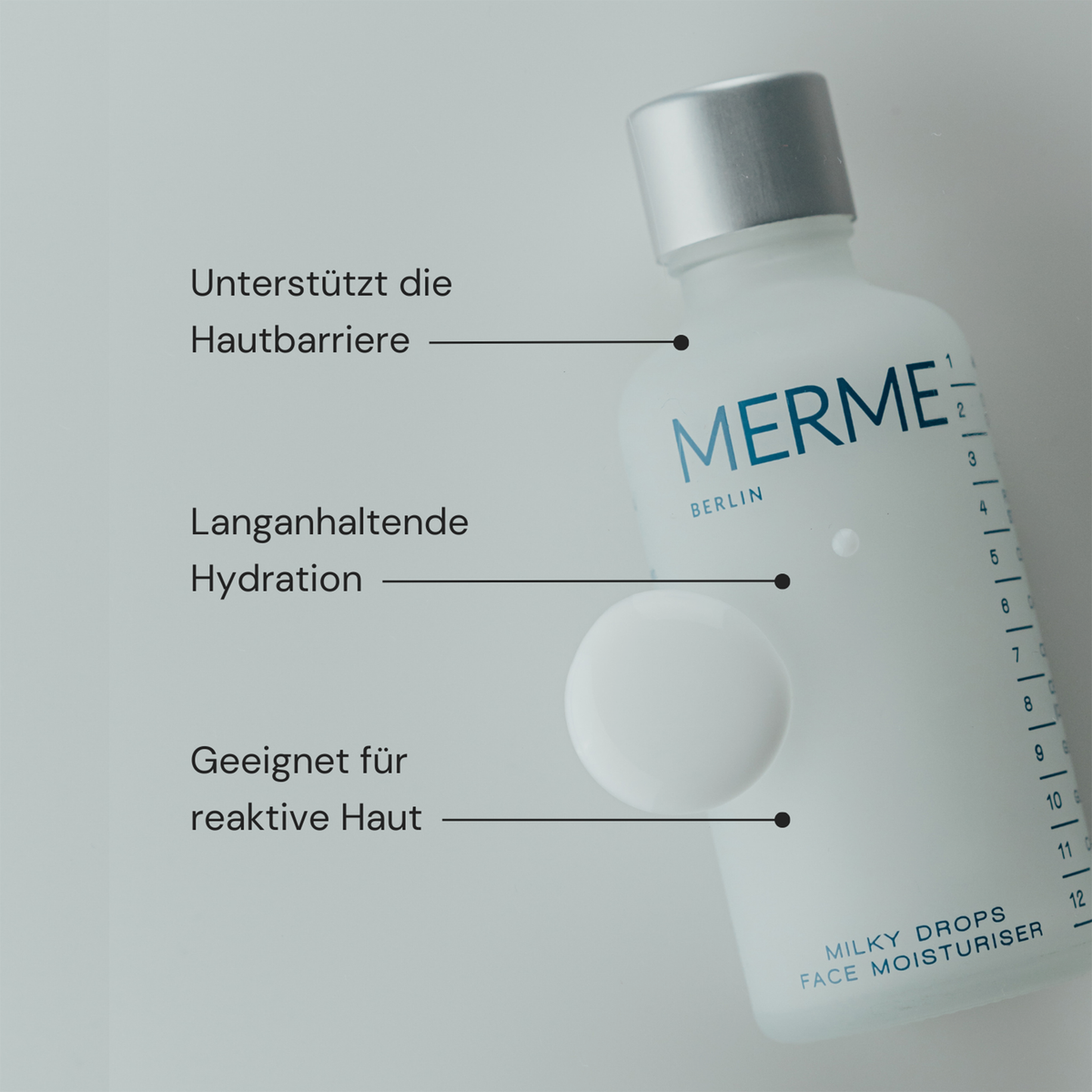 Eine Flasche MERME Milky Drops Face Moisturiser mit deutschem Text über Hautvorteile auf hellem Hintergrund.