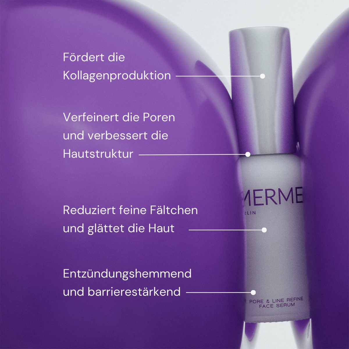 Eine weiße und silberne MERME Pore & Line Refine Face Serum Flasche mit deutschem Text auf violettem Hintergrund.