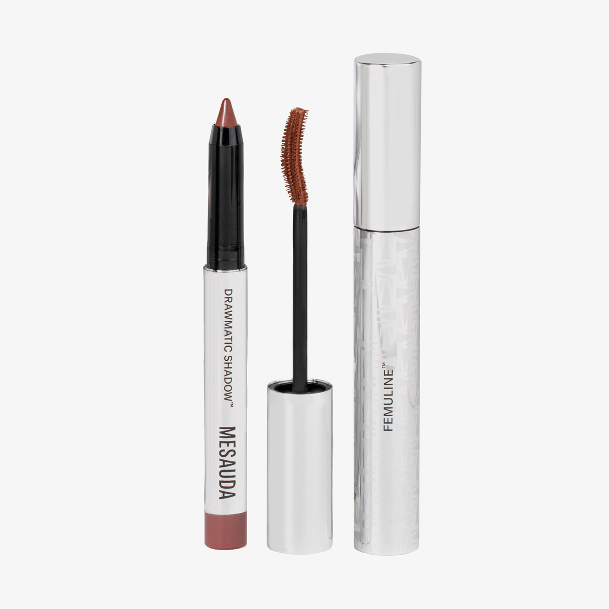 Ein SPACE GAZE CHRISTMAS KIT von Mesauda Beauty, bestehend aus einem Lidschattenstift und einer Mascara-Bürste mit Hülse.