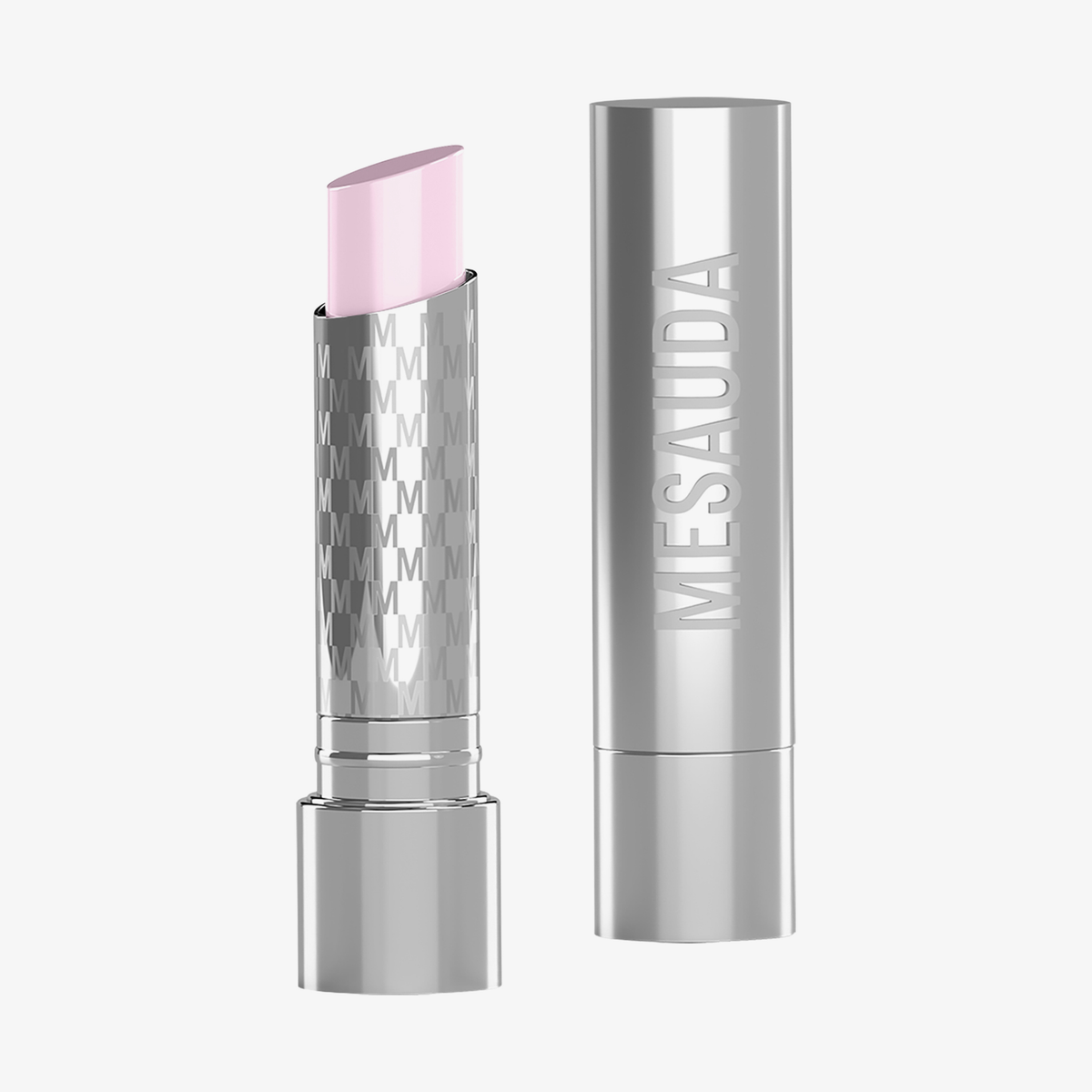 Eine silberne Tube des Lippenstifts THE HYDRAMORPHOSIS TWIN SET von Mesauda Beauty in Hellrosa, mit der Kappe daneben.