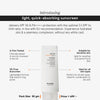 Eine Tube Minimalist Light Fluid SPF 50 Sunscreen, umgeben von Produktinformationen: leichte, ölfreie Formel, die für alle Hauttypen geeignet ist.