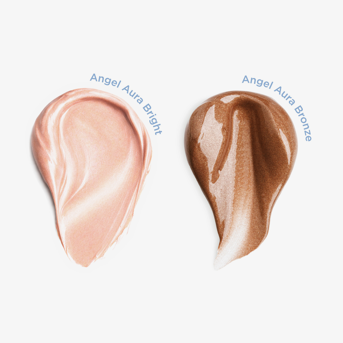 Zwei Muster des NABLA Cosmetics Sun-Kissed Glow Sets - Angel Aura Bright (Pfirsich) und Angel Aura Bronze (Braun) - auf weißem Hintergrund.