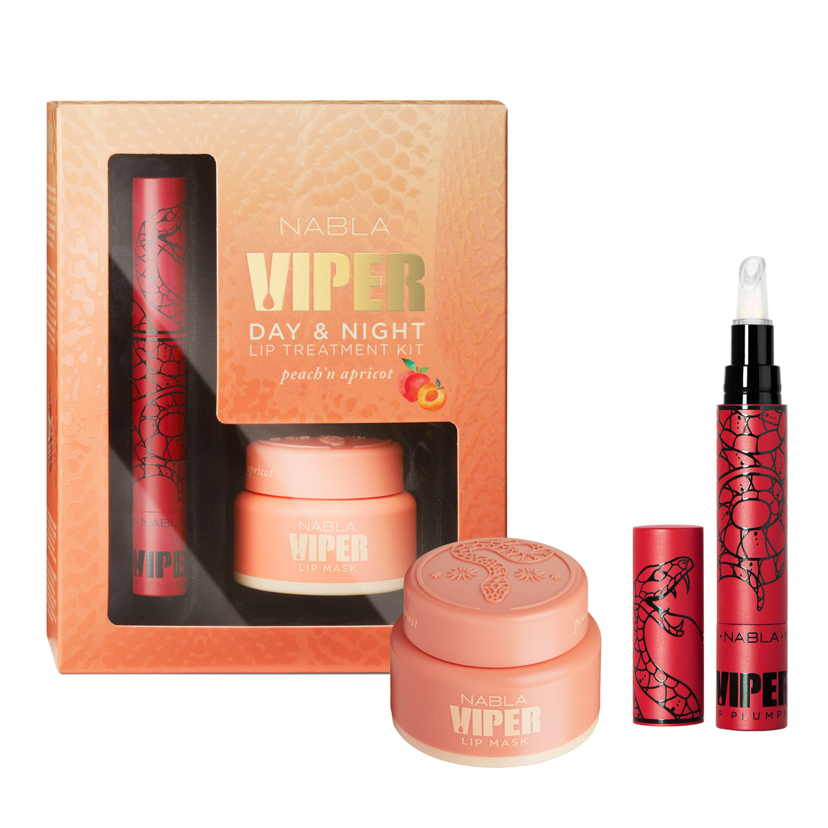 Pfirsichfarbener Tiegel Viper Lip Mask - Peach'n Apricot und roter Viper Plumper Stift neben zugehöriger Umverpackung.