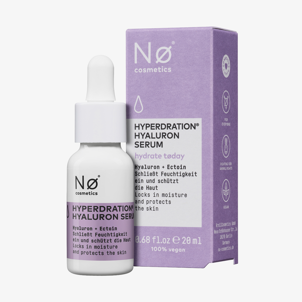 Eine Flasche und Schachtel Nø Cosmetics Hyperdration® Hyaluron Serum mit Tropfer in lila Verpackung.