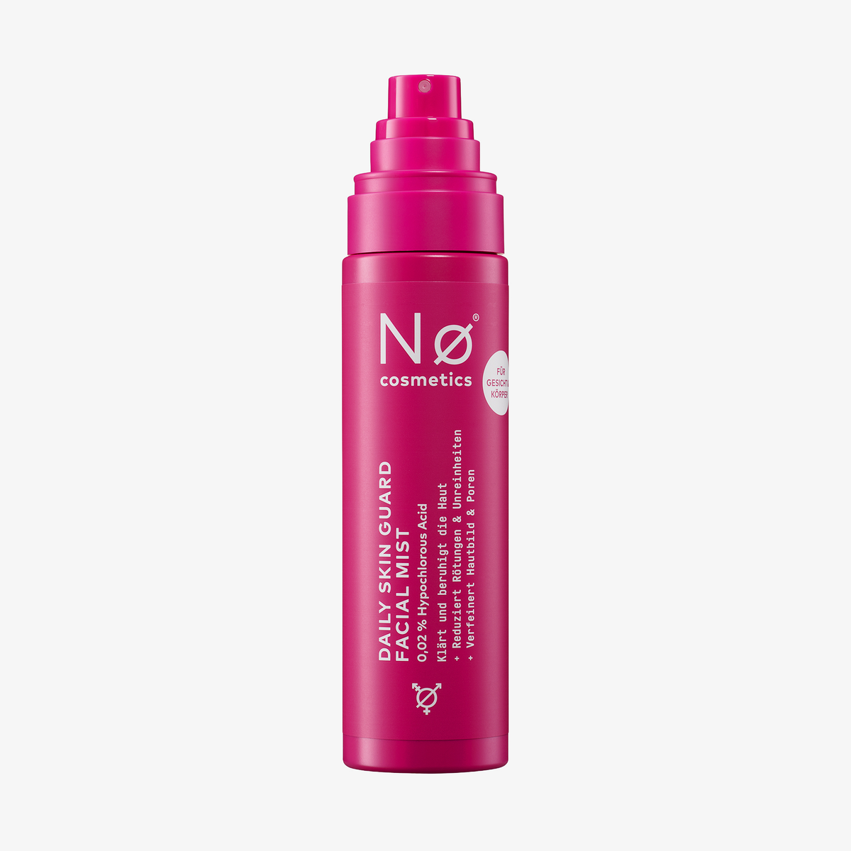 Eine rosafarbene Flasche von Nø Cosmetics Nø rescue tøday Daily Skin Guard Facial Mist mit weißer Schrift und einem Pumpspender.