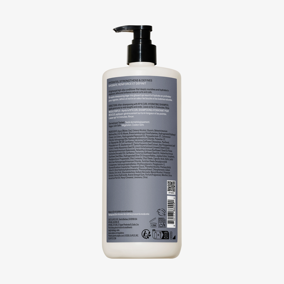Rückseite von OLAPLEX N°5 CURL Bond Shaper Hydrating Curl Conditioner mit Gebrauchsanweisung, Inhaltsstoffen und einem schwarzen Pumpspender oben.