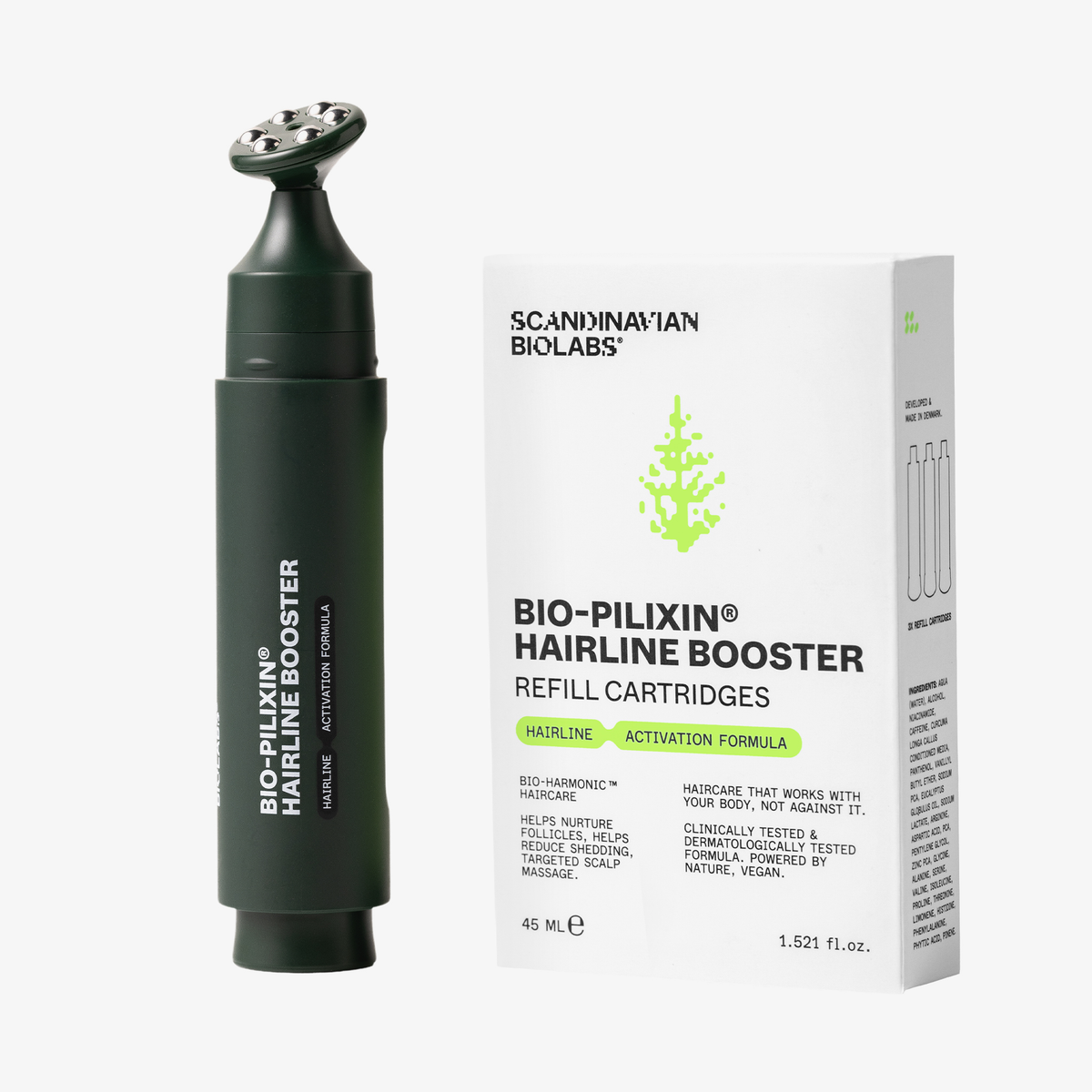 Dunkelgrüner Applikator des Hairline Booster neben weißer Verpackung der Bio-Pilixin® Nachfüllpatronen 3er Pack von Scandinavian Biolabs.